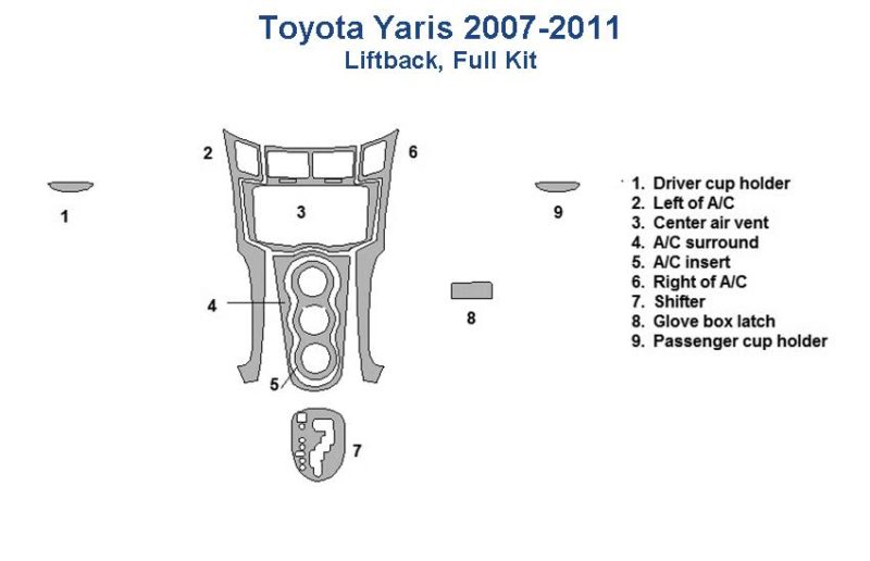 Toyota Yaris 2007-2011 liftback with a full interior car kit and wood dash kit.