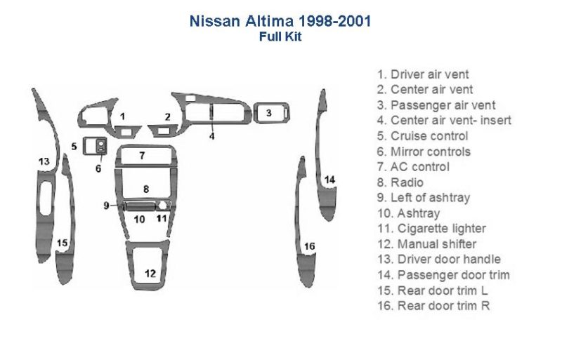 Nissan Altima 1999-2000 interior parts diagram featuring a dash trim kit and wood dash kit.