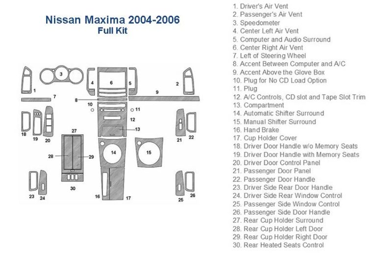 Nissan marine 2006 - 2008 parts diagram for interior dash trim kit and accessories for car.