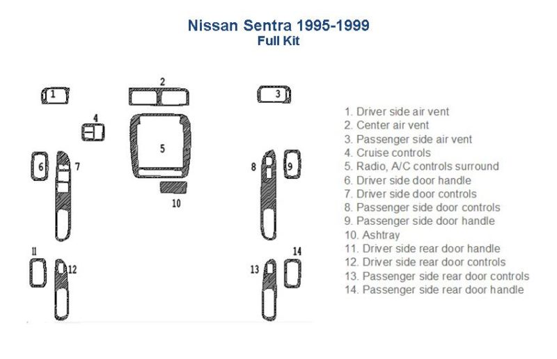Nissan Sentra 1999 interior dash trim kit parts diagram.
