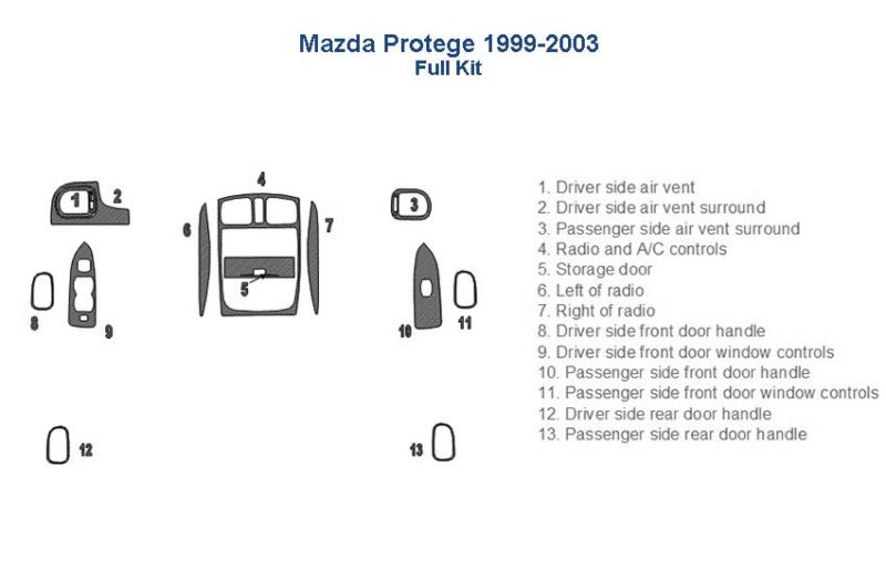 Mazda protege 1999-2000 interior parts diagram including a wood dash kit.